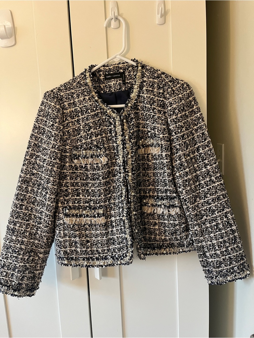 Stella + Lorenzo Navy and White Tweed Collarless Jacket